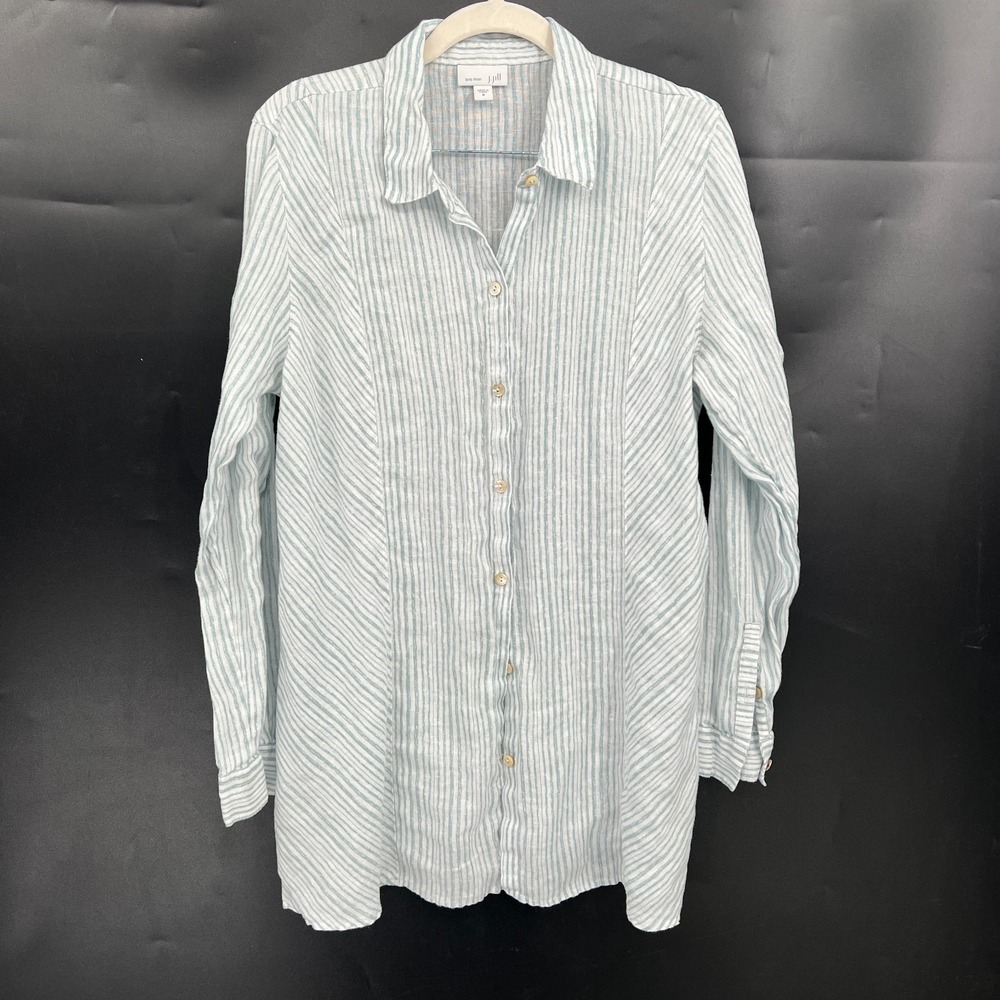 J. Jill love linen tunic button front blue stripe coastal grandma minimalist M